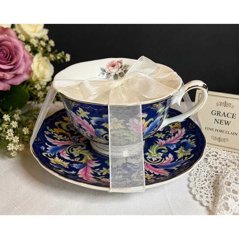 Grace Fine Porcelain Jumbo Teacup Saucer Blue Floral Gold Gift Set New